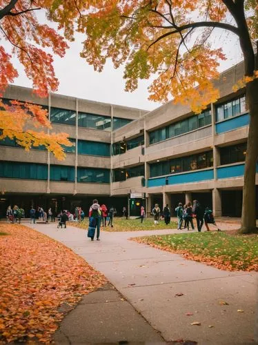 Carleton University, modern campus architecture, brutalist style, geometric concrete buildings, angular lines, large windows, open courtyard, lush greenery, walking paths, students socializing, backpa