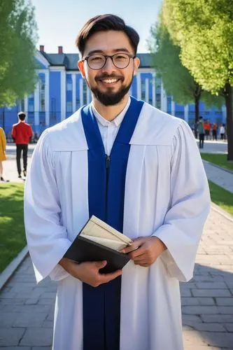 Mature male, 25-30yo, architect, graduation ceremony, solo, happy expression, glasses, short black hair, beard, blue academic gown, holding diploma, white shirt, black trousers, black shoes, cityscape