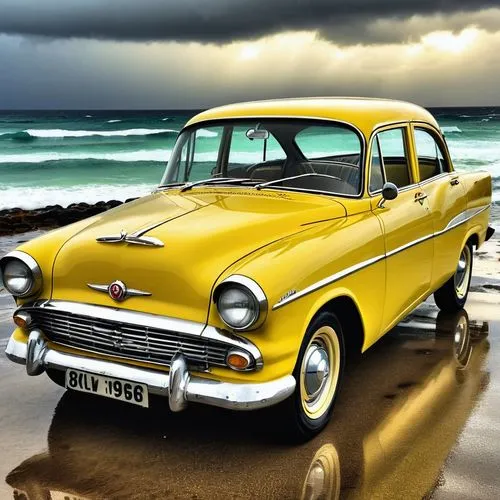 Yellow Holden car 1960 parked by the sea. It's raining heavily,1955 ford,1949 ford,1952 ford,opel record p1,cuba background,opel record,opel record coupe,cuba beach,chevrolet bel air,american classic 