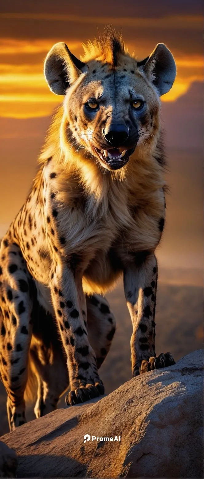 Hyena-lion hybrid, male, muscular, powerful, majestic, sharp teeth, pointed ears, golden fur with dark spots, piercing yellow eyes, strong claws, standing on a rocky cliff, savannah, sunset, warm ligh