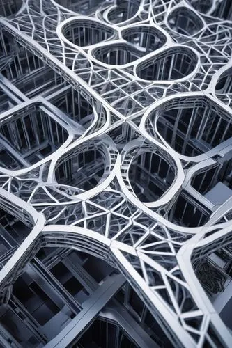 Additive manufacturing in architecture, futuristic building, complex geometric structure, metallic material, silver color, intricate details, lattice patterns, 3D printed walls, robotic arm, assemblin