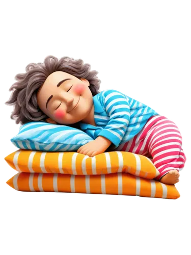 Funny sleeping cartoon character, lying down, closed eyes, smiling face, chubby cheeks, soft fluffy hair, colorful pajamas, striped blankets, cuddly plush toys, side view, 3/4 composition, warm lighti