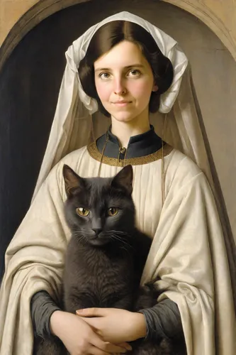 A woman in an expensive medieval dress from the late Middle Ages of the 15th century with a dark gray cat of British breed in her arms | the hair on the girl's forehead is pulled back and hidden under