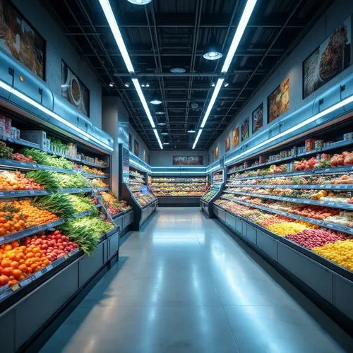 Futuristic grocery store interior, high-tech innovative features, sleek modern architecture, LED lights, glass walls, metallic shelves, robotic shopping assistants, interactive digital displays, self-