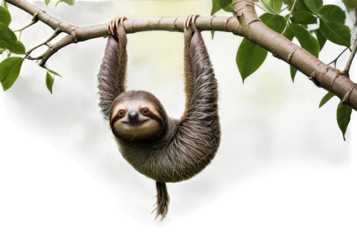 Sloth, hanging upside down, claws grasping branch, soft fur, cute facial expression, big round eyes, slow blinking, relaxed posture, tropical rainforest setting, vines entwined around body, bright gre