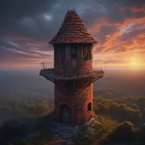 A rundown watch tower made of brick and wood,lookout tower,watchtower,fairy chimney,fire tower,observation tower,watertower,lifeguard tower,lighthouse,water tower,bird tower,tower of babel,summit cast