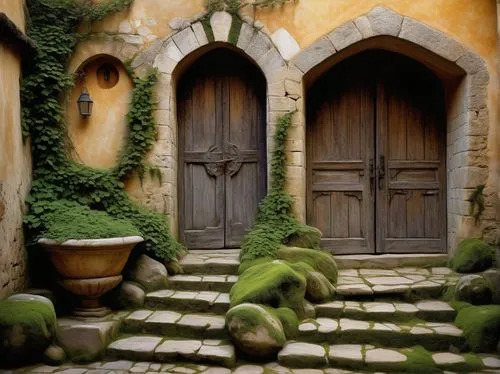 doorways,courtyards,cortile,doorsteps,archways,garden door,doorway,entryways,passageways,the threshold of the house,entranceways,doors,entrances,courtyard,erice,alcove,medieval street,old door,crypts,cobblestones,Illustration,Realistic Fantasy,Realistic Fantasy 34