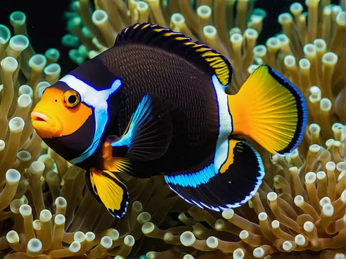 Craft a poetic description of the symbiotic relationship between anemone fish and their protective anemone homes.,imperator angelfish,golden angelfish,amphiprion,triggerfish-clown,anemonefish,butterfl