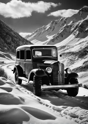 Paint a rugged off-road car in a snowy mountain landscape.,stelvio,horch 853,dodge power wagon,land rover series,citroën traction avant,gaz-m20 pobeda,gaz-53,tatra 613,dodge m37,borgward,g-class,merce