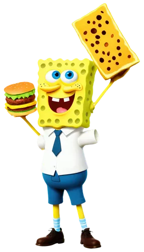 SpongeBob SquarePants, cartoon character, yellow skin, porous body, bright blue eyes, enthusiastic facial expression, iconic square pants, white shirt, optimistic posture, standing, holding a Krabby P