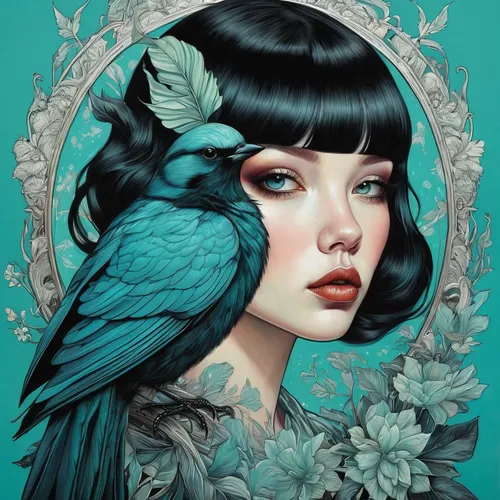 magpie,flower and bird illustration,blue parrot,blue birds and blossom,blue bird,fantasy portrait,bluejay,jasmine blue,harpy,bird illustration,eglantine,blue parakeet,digital illustration,blue hydrangea,holly blue,ornamental bird,mina bird,turquoise,blue jay,color turquoise,Illustration,Realistic Fantasy,Realistic Fantasy 10