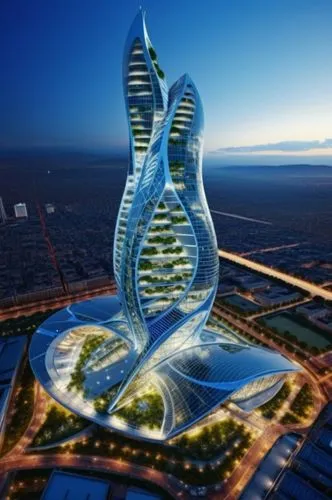 Creative tall tower design, modern architectural style, blue linear lighting, bird's eye perspective, in a creative urban space and suitable for the tower, the presence of green space, with many detai