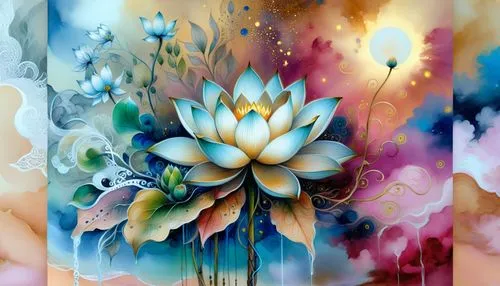 three images with flowers, clouds and drops,flower painting,water lotus,lotus blossom,blooming lotus,flower background,watercolor floral background,Illustration,Realistic Fantasy,Realistic Fantasy 01