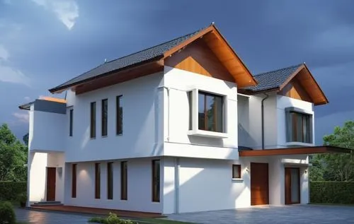 Create the appearance of a 2-story residence using a modern architectural style. Create Tile roof grey colour. Create architectural lines with strong colors. Create attractive interior and exterior li