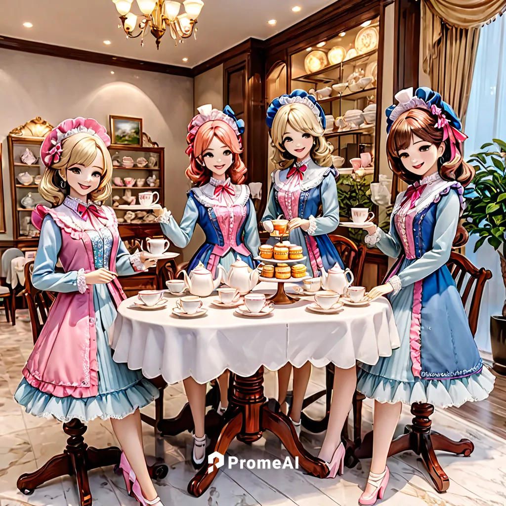 smiling happily, teaparty, multiple female mannequins

,doll kitchen,tea party collection,tea party,doll's festival,marzipan figures,high tea,fashion dolls,tea service,darjeeling,porcelain dolls,pastr