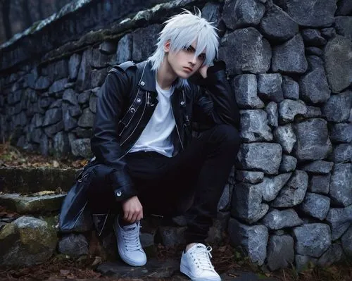 killua hunter x,kakashi hatake,killua,ginko,anime japanese clothing,cosplay image,shinigami,male elf,anime boy,tiber riven,stone bench,eastern grey,gray color,silvery,sits on away,silver fox,white and black color,gloomy,silver rain,monochrome,Photography,Fashion Photography,Fashion Photography 21