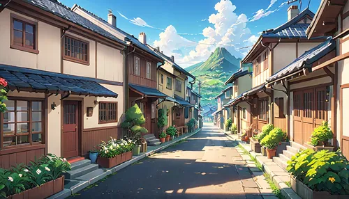 narrow street,wooden houses,violet evergarden,old linden alley,alpine village,alleyway,mountain village,alley,townhouses,neighborhood,studio ghibli,spa town,roof landscape,beautiful buildings,aurora village,village street,roofs,neighbourhood,medieval street,scenery,Anime,Anime,General