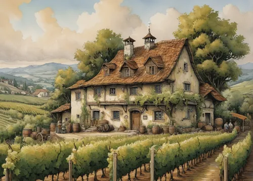 Paint a picture of a rustic winery situated in the heart of a vineyard, where generations of winemakers have perfected their craft.,vineyards,viticulture,sonoma,wine country,vineyard,castle vineyard,w