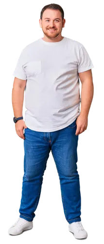 Fat man, chubby, casual, relaxed fit, tight white shirt, rolled up sleeves, visible belly, jeans, sneakers, hands in pockets, standing, slight smile, soft focus, warm lighting, shallow depth of field,