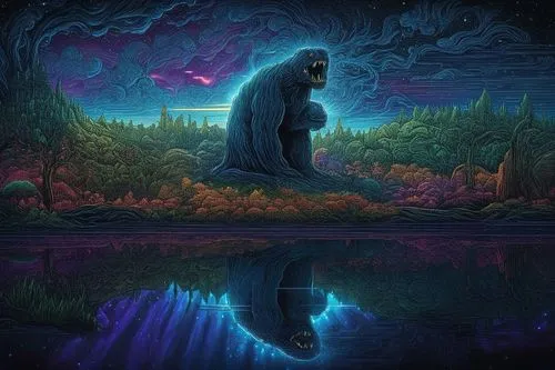 cryptozoology,gorilla,acid lake,cryptozoological,mastodon,bearmanor,oscura,lagoon,deep zoo,bear guardian,fantasy picture,mirror of souls,blue elephant,ursa,werewolve,bigfoot,beheira,geist,barghuti,wor