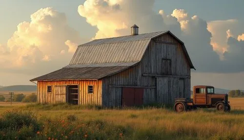 Rustic barns, distressed wood textures, weathered metal roofs, vintage farm equipment, rural landscapes, rolling hills, wildflower fields, dramatic cloudy skies, warm golden lighting, shallow depth of