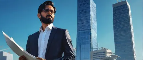 Middle-aged, male, architect, Karachi, Pakistan, bespectacled, short black hair, trimmed beard, white shirt, black tie, formal pants, leather shoes, holding blueprints, standing, confident pose, moder