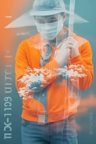 Color the background orange,a man wearing an orange shirt is wearing a mask,digitalism,garrison,soundcloud logo,joji,pyrotechnical,cyberpatrol,Photography,Artistic Photography,Artistic Photography 07