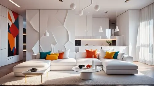 Postmodern Interior Design, Living room, bold geometrics, vivid colors, unexpected materials A luxurious white house with many sofas designed by Zaha Hadid,modern decor,contemporary decor,interior mod