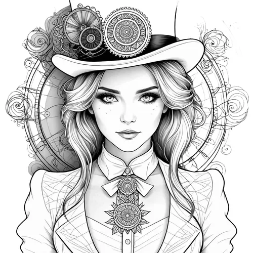 victorian lady,boho art style,hatter,victoriana,lineart,straw hat