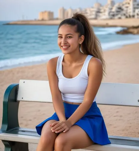 The Moroccan girl is sitting on a bench in the street in Tel Aviv in front of the sea.  Her hair is pulled into a high, tight ponytail.  She wears a short skirt and a white tank top.  At her feet, sne