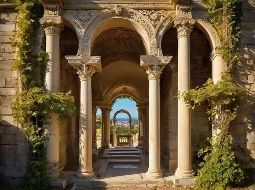 kykuit,archways,colonnades,pergola,volubilis,hala sultan tekke,loggia,limestone arch,colonnade,celsus library,villa d'este,cloister,temple of diana,archway,entranceway,brympton,entrances,tuscania,puglia,apulia,Illustration,Retro,Retro 13