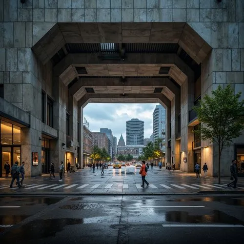 Rugged bus station, brutalist architecture, raw concrete walls, fortress-like structure, angular lines, geometric shapes, industrial materials, metal beams, exposed ductwork, urban landscape, city str