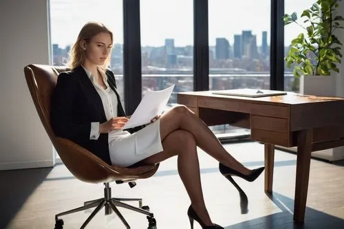 Modern minimalist office interior, job interview scene, young adult woman, 25yo, professional attire, black blazer, white blouse, pencil skirt, high heels, confident posture, sitting in a luxurious le