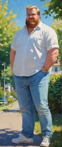 Peter Griffin, leaning, relaxed posture, messy blond hair, blue eyes, chubby cheeks, goatee beard, white shirt, blue jeans, sneakers, casual style, suburban background, sunny day, trees with green lea