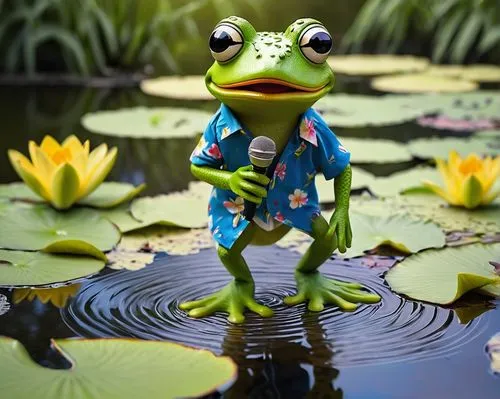 jazz frog garden ornament,pond frog,frog background,frog figure,kawaii frogs,green frog,water frog,frog king,frosch,kawaii frog,frog gathering,frog,man frog,lilly pond,frogs,frog prince,katak,lily pad,running frog,pelophylax,Unique,3D,Modern Sculpture