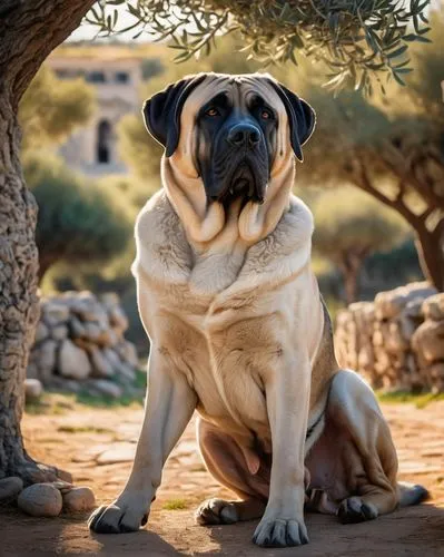 Corsican Mastiff, large breed dog, muscular body, short coat, fawn color, black mask, alert ears, powerful legs, strong paws, relaxed posture, sitting on grass, Mediterranean landscape, ancient olive 