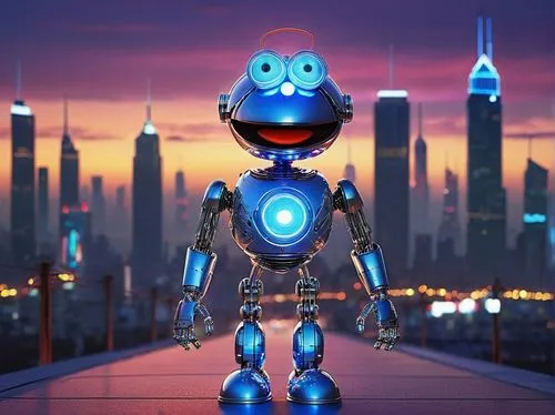 Cute AI Elmo, robot, shiny metallic body, bright blue eyes, round head, small nose, smiling face, childlike, futuristic, wires, circuits, digital screen on chest, standing, cityscape, skyscrapers, nig