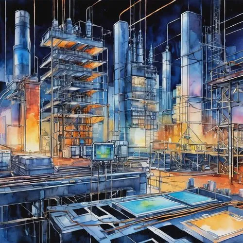 cybercity,cybertown,refinery,metropolis,sedensky,industrial landscape,arcology,cyberport,neuromancer,futuristic landscape,cyberworld,cityscape,microdistrict,fantasy city,megalopolis,cyberia,dystopian,hypermodern,industrial area,industrial,Illustration,Paper based,Paper Based 25