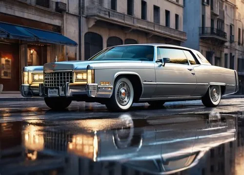 Luxury car, Cadillac Eldorado 2024, shiny metallic silver body, sleek headlights, chrome grille, curved lines, LED taillights, alloy wheels, low-angle shot, evening lighting, cityscape background, sky