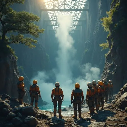 explorers,guards of the canyon,speleologists,miners,mining facility,mineworkers,Photography,General,Realistic