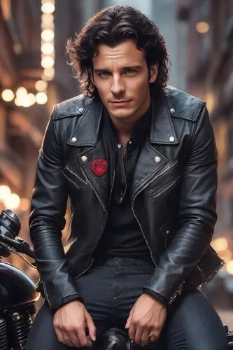 Wears a black shirt with an open collar, a fitted leather jacket With Club MC patches, dark jeans, and leather boots. He's a tough guy and a heartbreaker.. Dark romance vibes, Mc club night. Benedict 