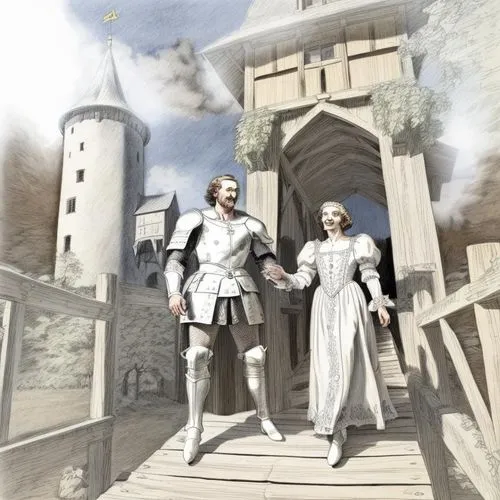 The picture shows a southern German duke from 1519 in old knight's armor, who is greeted with a curtsey by a damsel dressed in a simple robe on the wooden drawbridge of a small forest castle with a cy