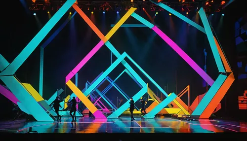 stage design,circus stage,the stage,stage curtain,concert stage,scenography,neon arrows,neon lights,lighting system,stage equipment,prismatic,led display,stage,stage light,floating stage,cube background,theater stage,colored lights,choreography,neon light,Conceptual Art,Sci-Fi,Sci-Fi 01