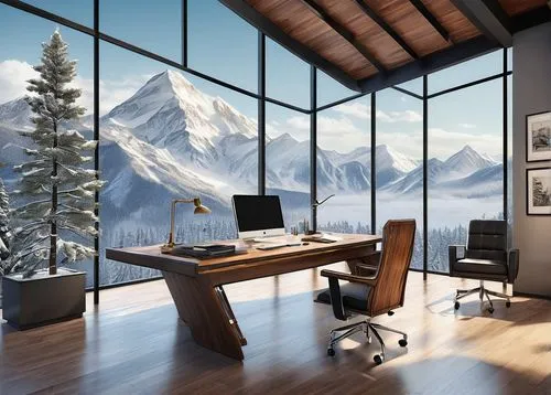 modern office,creative office,3d rendering,interior modern design,blur office background,office desk,house in mountains,the cabin in the mountains,house in the mountains,working space,offices,alpine style,loft,interior design,winter house,home office,modern living room,modern room,ski resort,snow landscape,Illustration,Realistic Fantasy,Realistic Fantasy 21