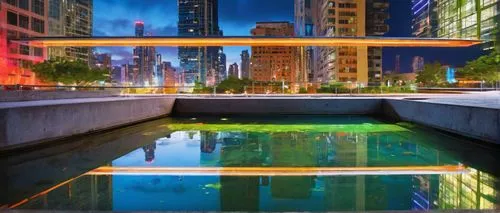 Modern architecture, futuristic building, sleek lines, silver metal, glass façade, LED lights, rooftop garden, cityscape view, night scene, neon lights reflection on water, puddle mirror effect, shall