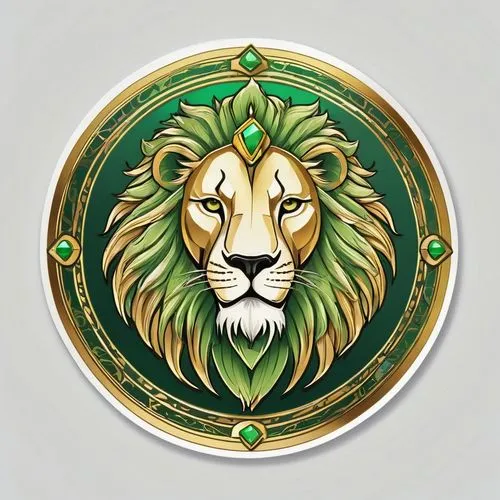 Fantasy emblem logo for gaming token depicting a lion-man emperor (including the word "Felidur"),luxury legendary token,golden border and gold and light green tones,illustration,vibrant((circular toke