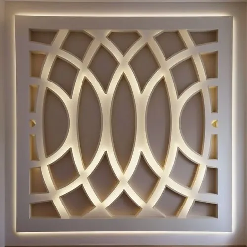 Convert this layout into a real gypsum decor for a room with hidden lighting.,white 3d cutout in the shape of a pattern,art deco frame,wall panel,ventilation grille,art deco border,quatrefoils,coffere