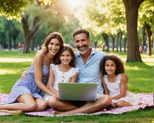 The idyllic scene of a picturesque Spanish couple, father, and two children, takes place in the heart of the park. The father, a beautiful woman with a kind smile, wears a sundress with a long smile a