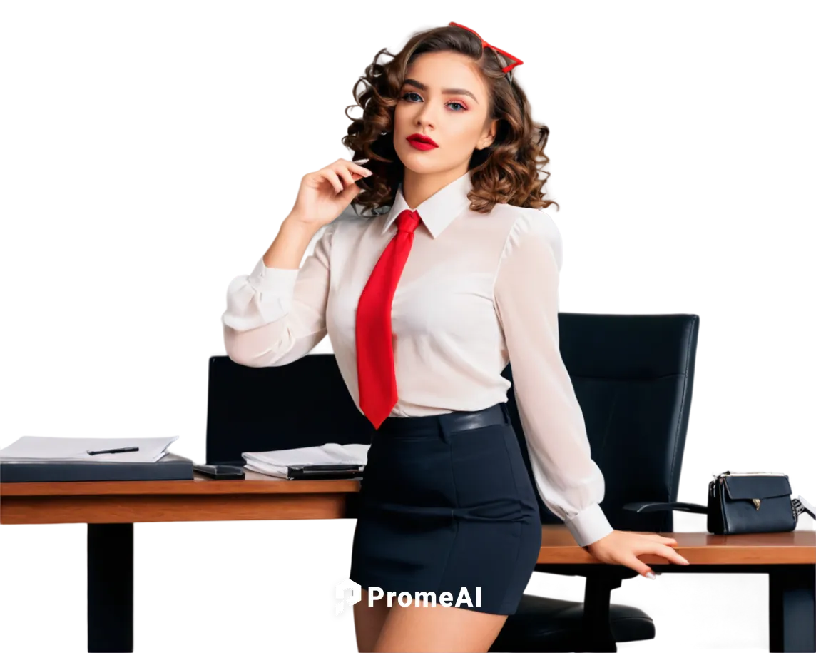 Sexy office lady, solo, (25yo), smoky eyes, bold eyeliner, curly brown hair, red lipstick, business attire, white blouse, tight miniskirt, high heels, nylons, confident pose, leaning on desk, morning 