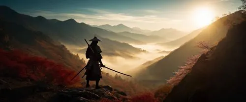 пусто,a person with a sword on top of a hill,mahadev,the spirit of the mountains,changbai,tianchi,fantasy picture,huashan